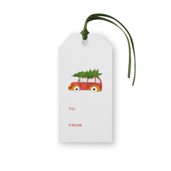 Holiday Car with Tree Classic Gift Tag printed on white paper.