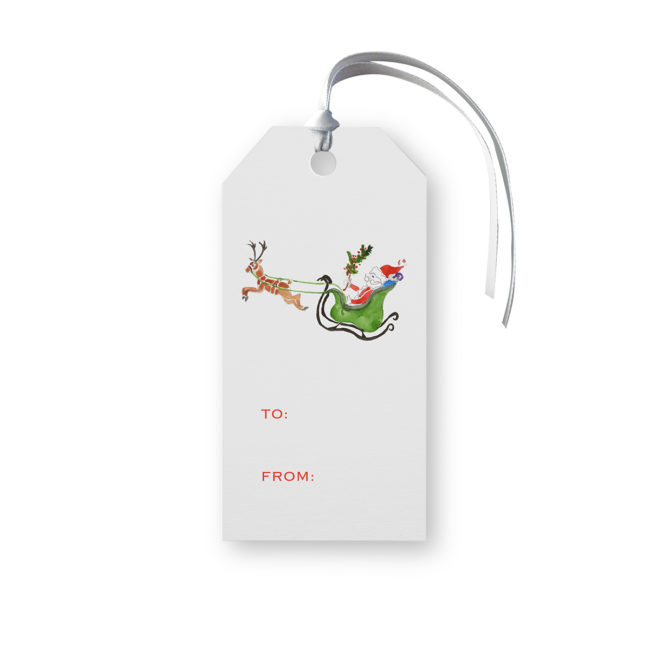 Santa and his Sleigh Classic Gift Tag printed on White paper.