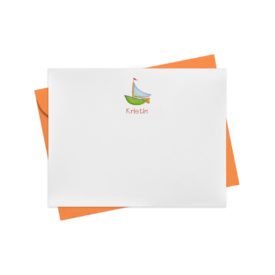 Flat Note Card with a boat image printed on white paper.