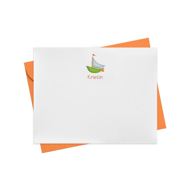 Flat Note Card with a boat image printed on white paper.