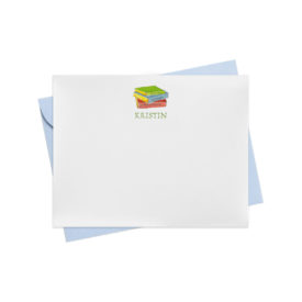 Thank you cards featuring a stack of books printed on white paper.