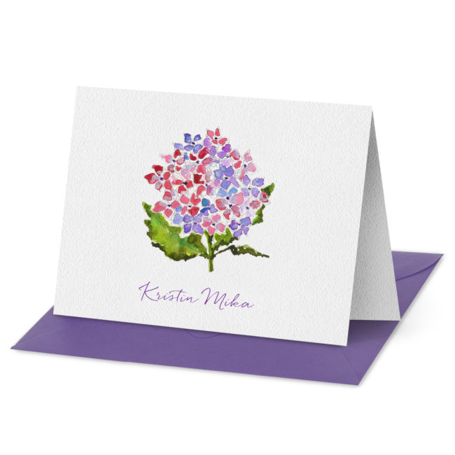 Hydrangea image adorns a Fold Over Note Card printed on white paper.