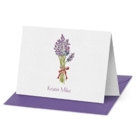 Fold Over Note Card with a lavender image printed on white paper.