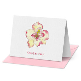 fold over note card featuring a magnolia image printed on white paper.