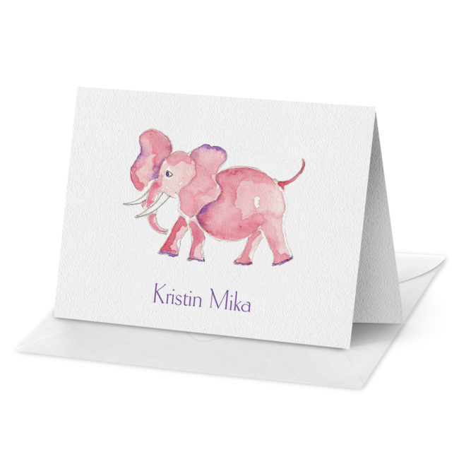 Pink Elephant image adorns a Folded Note Card printed on white paper.