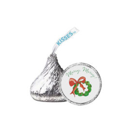 Wreath with Holly Candy Sticker that fits on the bottom of a Hershey's kiss.
