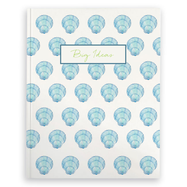 blue shell image adorns a journal with blank pages.