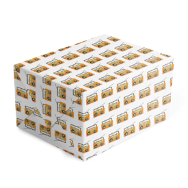 classic gift wrap adorned with Orange boom box images printed on white paper.