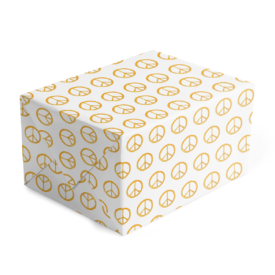 gold peace sign adorns gift wrap printed on white paper.
