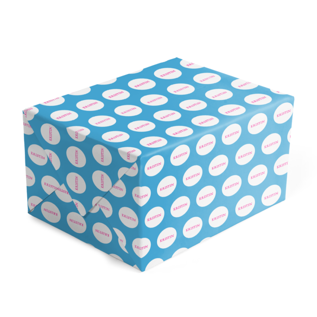 blue and fuchsia personalized gift wrap printed on 70lb paper.