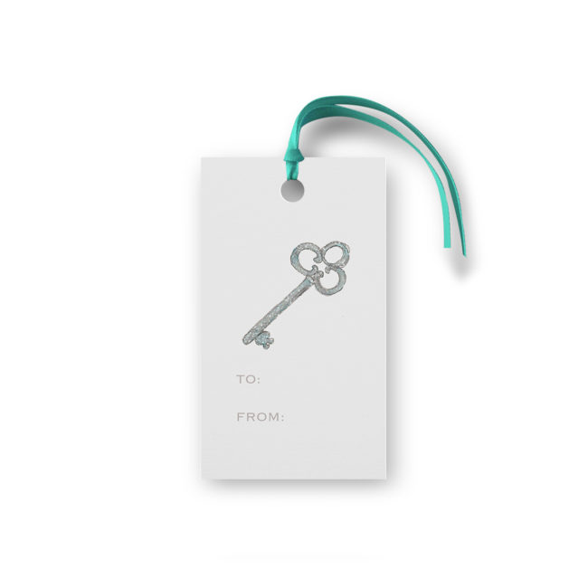 Gift Tag featuring a Silver key printed on White paper.