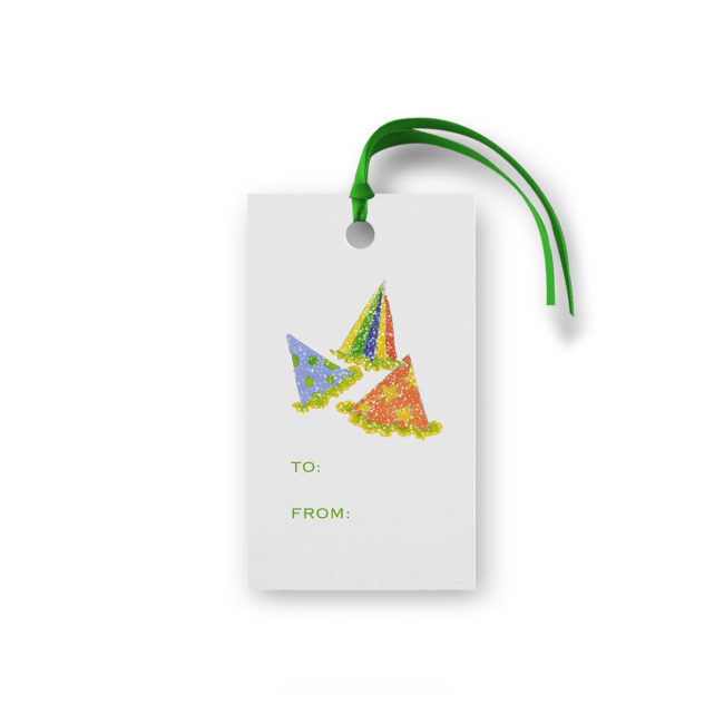party hats glittered gift tag printed on White paper.