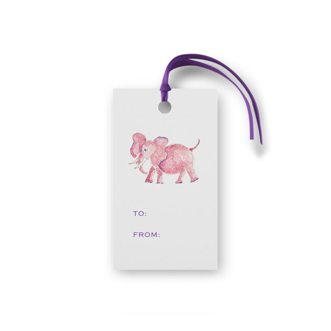 pink elephant glittered gift tag printed on White paper.