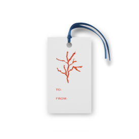 Red coral glittered gift tag printed on White paper.