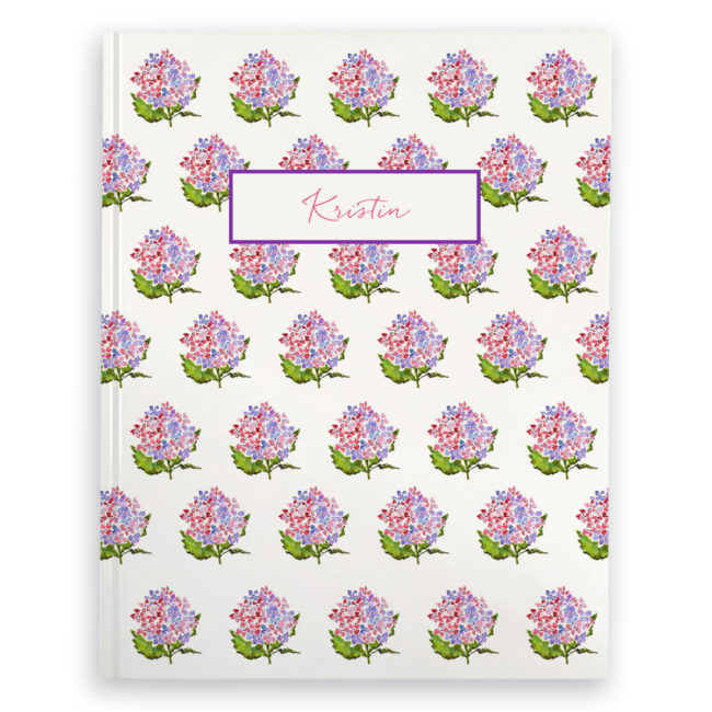 hydrangea image adorns a journal with blank pages.