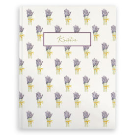 lavender image adorns a journal with blank pages.