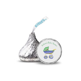 blue carriage image adorns a candy sticker that fits on the bottom of a Hershey's kiss.