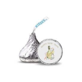 champagne image printed on a candy sticker that fits on the bottom of a Hershey's kiss.