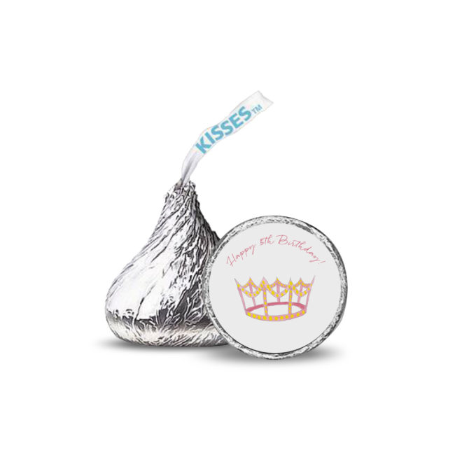 crown image printed on a candy sticker that fits on the bottom of a Hershey's kiss.