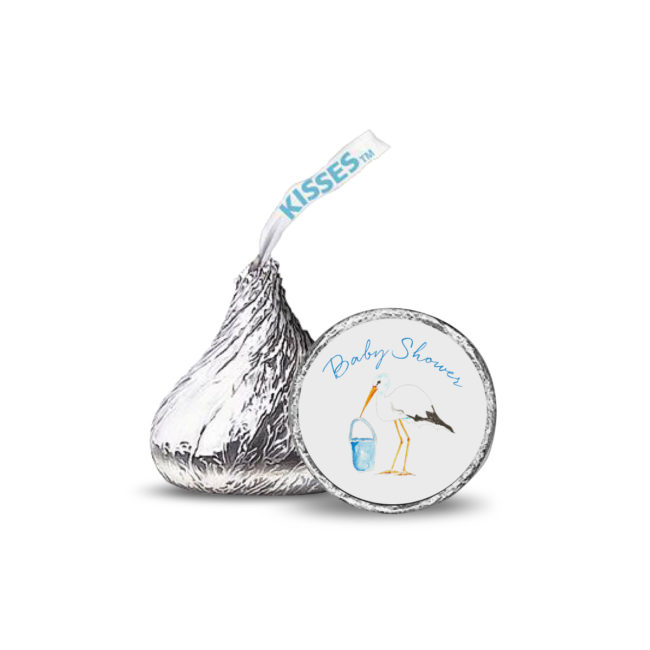 blue stork image printed on a candy sticker that fits on the bottom of a Hershey's kiss.