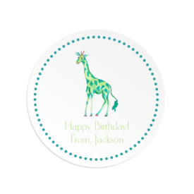 giraffe image adorns a round gift sticker