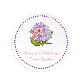 hydrangea image adorns a round gift sticker