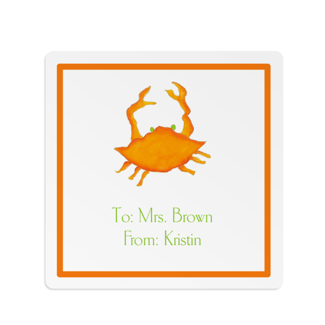 orange crab image adorns a square gift sticker