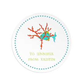 fish with coral image adorns a round gift sticker