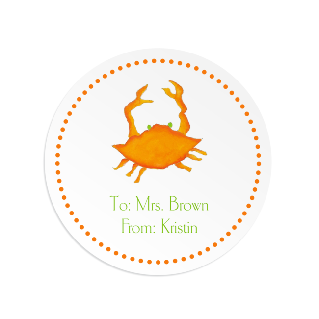 orange crab image adorns a round gift sticker
