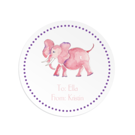pink elephant image adorns a round gift sticker