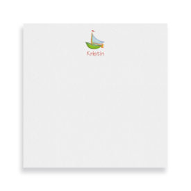 Boat image adorns a Square Notepad printed on white paper.