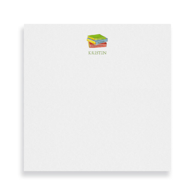 Books image adorns a Square Notepad printed on white paper.
