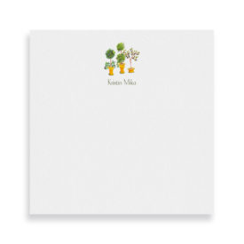 topiaries tree image adorns a square notepad printed on white paper.
