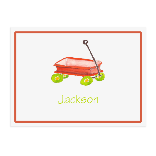 red wagon image adorns a personalized placemat printed on White paper.