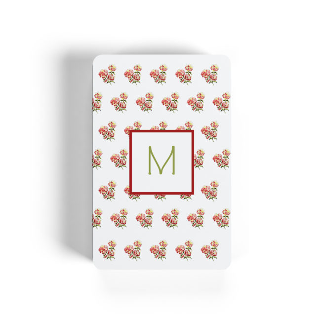 red hydrangea motif adorns playing cards
