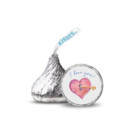 Heart and Key image on a round sticker that fits on the bottom of a Hershey Kiss