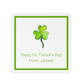 Square white sticker with a shamrock perfect for a party favor.