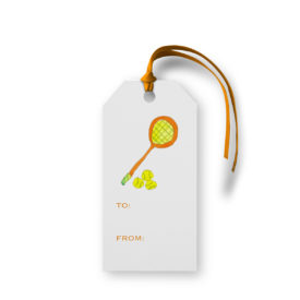 Tennis racquet adorns a Classic Gift Tag printed on White paper.