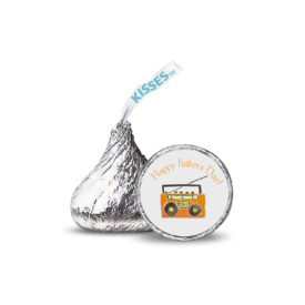 Boom box images adorns a small round sticker that fits on the Bottom of a Hershey's kiss.
