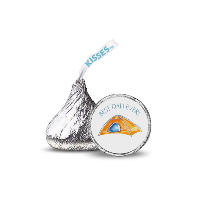 Small round sticker that fits on the bottom of a Hershey's kiss features a camping tent.