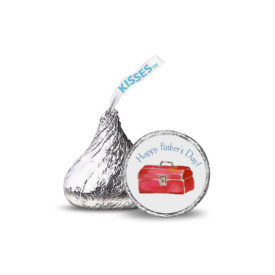 Small round sticker featuring a toolbox images that fits on the bottom of a Hershey's kiss.